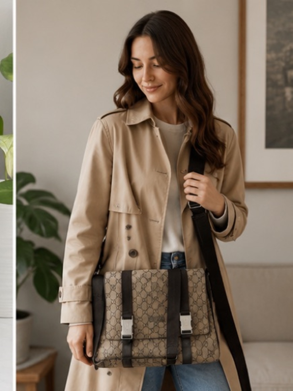 Gucci Beige & Dark Brown GG Canvas Messenger Bag Vintage